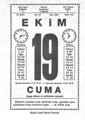 19 Ekim 2001 Takvim Yaprağı - Doğum Günü Hediyesi EFM(N)10486 - 2