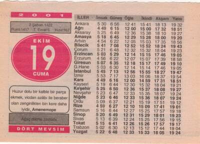 19 Ekim 2001 Takvim Yaprağı EFM(N)3740 - 1