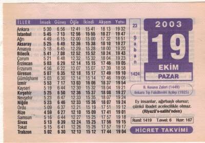 19 Ekim 2003 Takvim Yaprağı EFM(N)3721 - 1