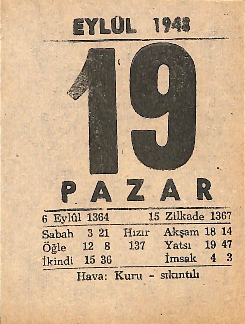 19 Eylül 1948 Takvim Yaprağı - Doğum Günü Hediyesi EFMN14388 - 1
