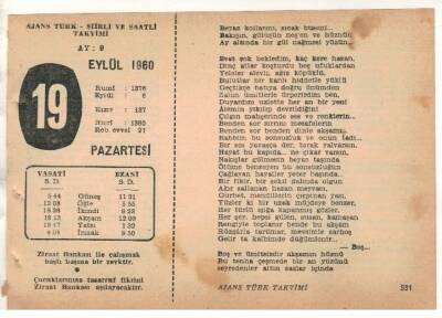 19 Eylül 1960 Ajans Türk Takvim Yaprağı (Şiirli Saatli) EFM(N) 1726 - 3