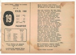 19 Eylül 1960 Ajans Türk Takvim Yaprağı (Şiirli Saatli) EFM(N) 1726 - 2