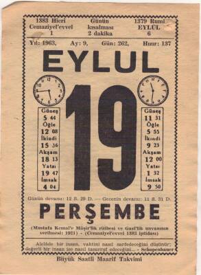 19 Eylül 1963 Takvim Yaprağı EFM(N)3631 - 2