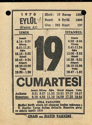 19 Eylül 1970 Takvim Yaprağı - Doğum Günü Hediyesi EFM(N)9895 - 2