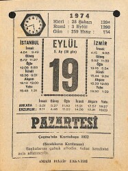 19 Eylül 1974 Takvim Yaprağı - Doğum Günü Hediyesi EFM(N)12354 - Gökçekoleksiyon
