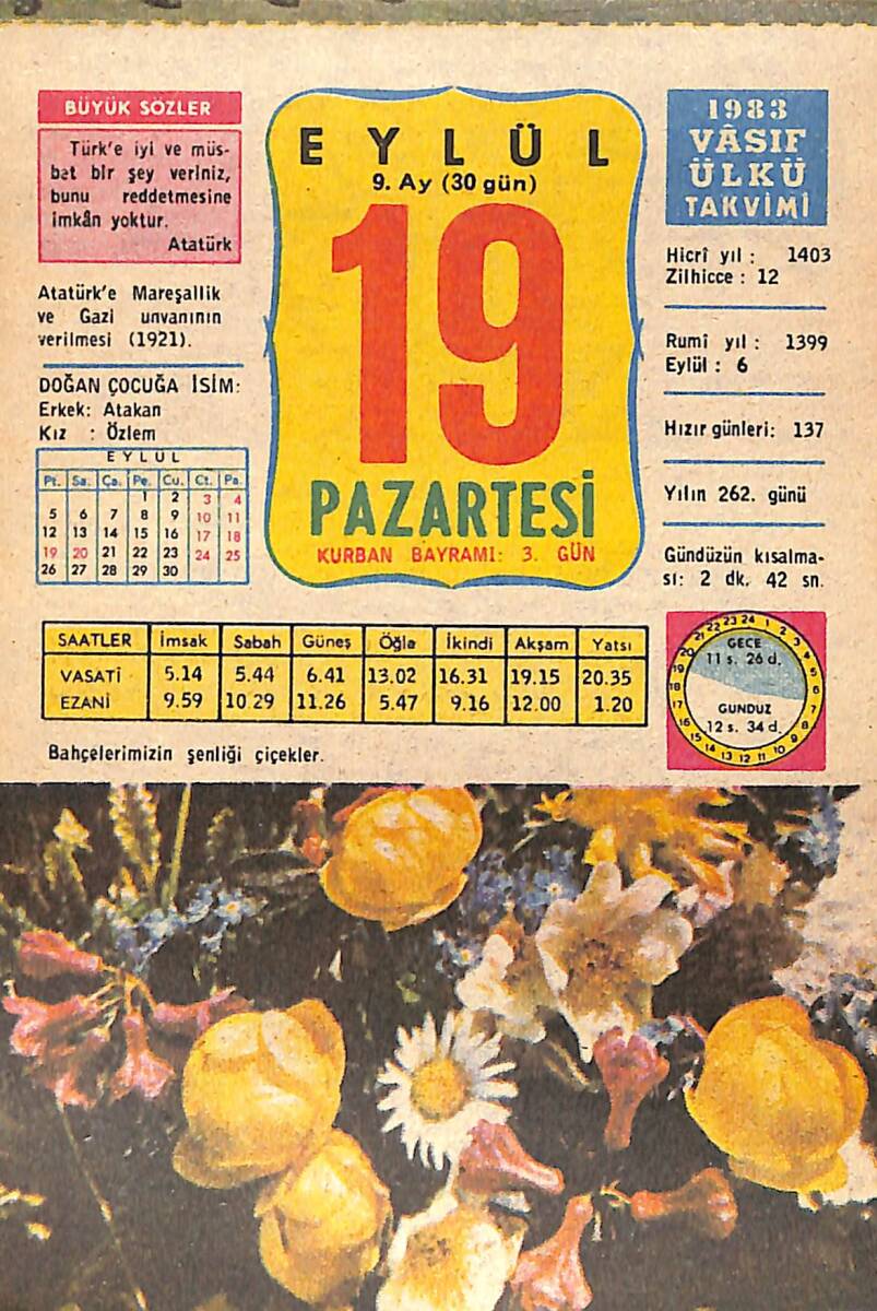 19 Eylül 1983 Takvim Yaprağı - Doğum Günü Hediyesi EFMN15905 - 1