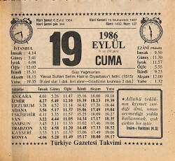 19 Eylül 1986 Takvim Yaprağı - Doğum Günü Hediyesi EFMN14942 - Gökçekoleksiyon