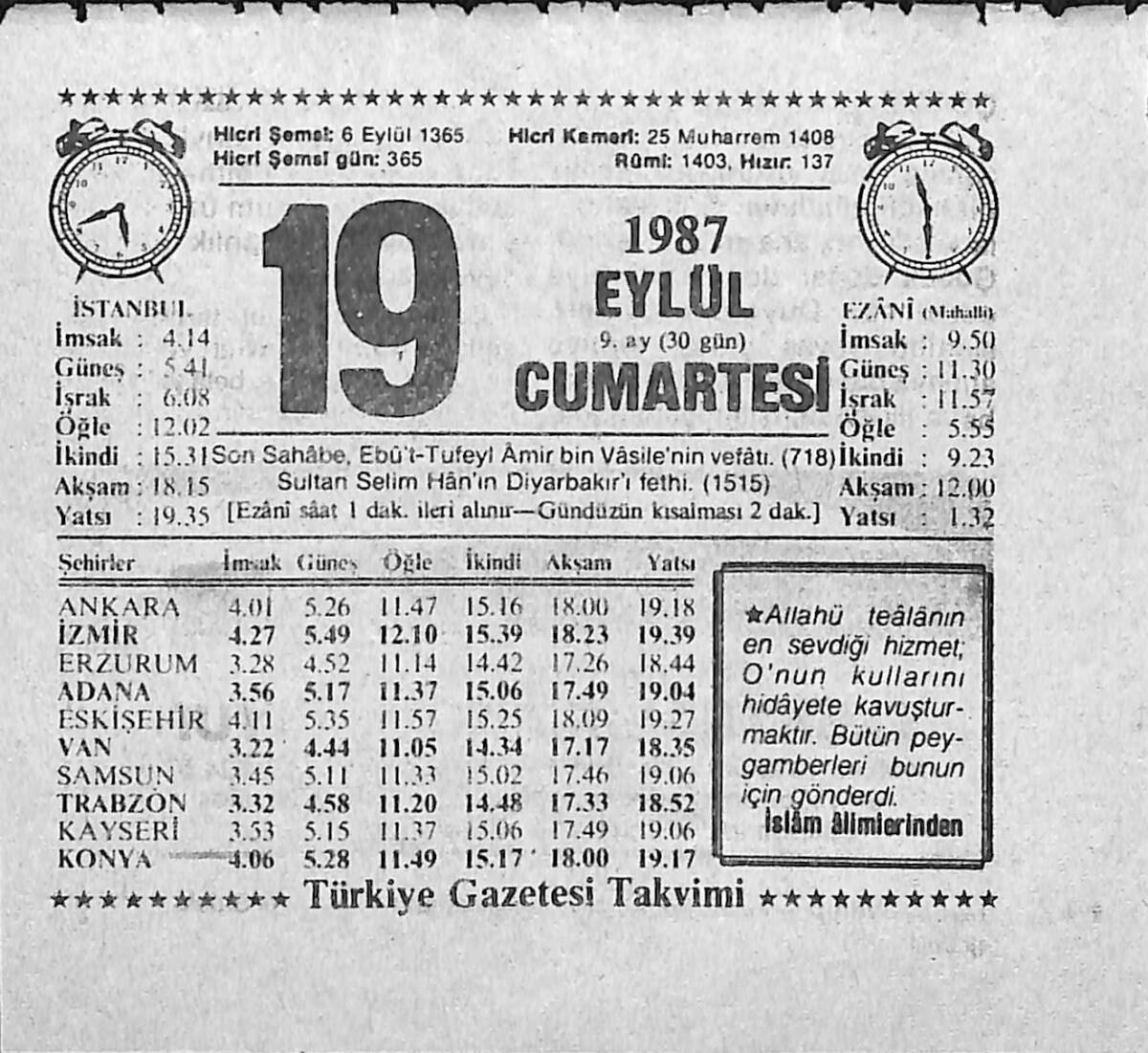 19 Eylül 1987 Takvim Yaprağı - Doğum Günü Hediyesi EFMN13954 - 1