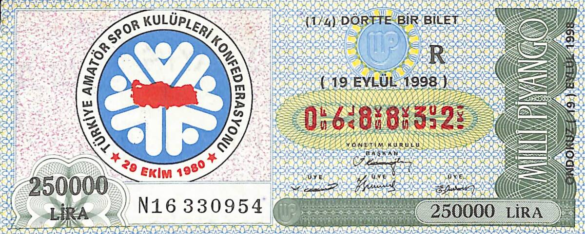 19 Eylül 1998 Piyango Bileti Dörtte Bir Bilet PYB6669 - 1