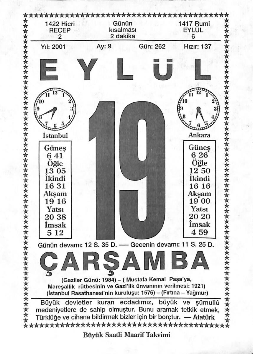 19 Eylül 2001 Takvim Yaprağı - Doğum Günü Hediyesi EFMN14180 - 1