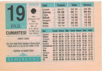 19 Eylül 2009 Takvim Yaprağı EFM(N)2942 - 3