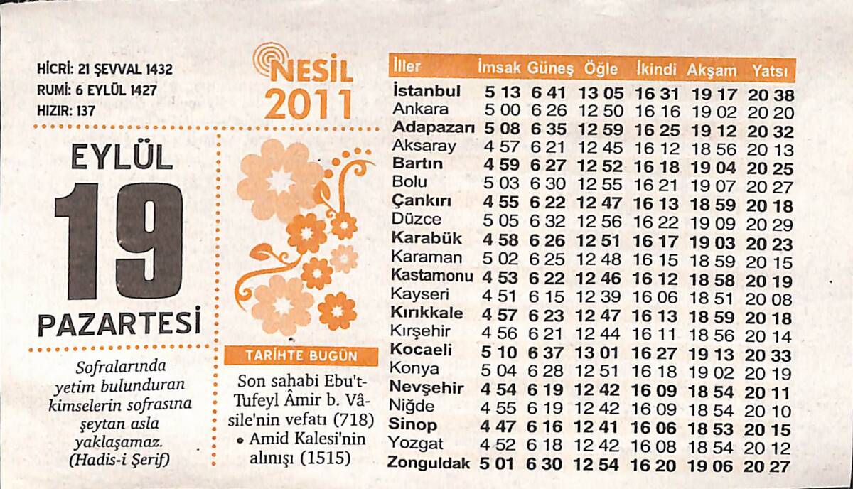 19 Eylül 2011 Takvim Yaprağı - Doğum Günü Hediyesi EFMN14365 - 1