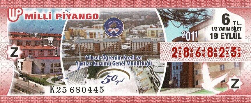 19 Eylül 2011 (Z) Yüksek Öğrenim Kredi ve Yurtlar Kurumu Genel Müdürlüğü (12) Yarım Bilet PYB5828 - 1