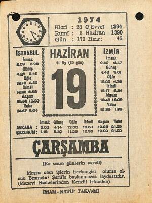 19 Haziran 1974 Takvim Yaprağı - Doğum Günü Hediyesi EFM(N)11956 - 1