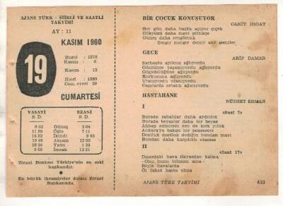 19 Kasım 1960 Ajans Türk Takvim Yaprağı (Şiirli Saatli) EFM(N) 1785 - 3