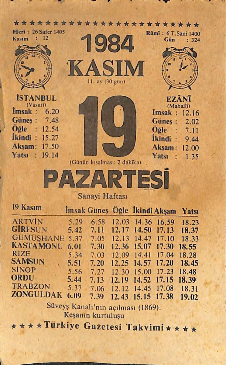 19 Kasım 1984 Takvim Yaprağı - Doğum Günü Hediyesi EFMN14535 - 1