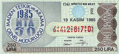 19 Kasım 1985 Piyango Bileti Çeyrek Bilet PYB6124 - 1