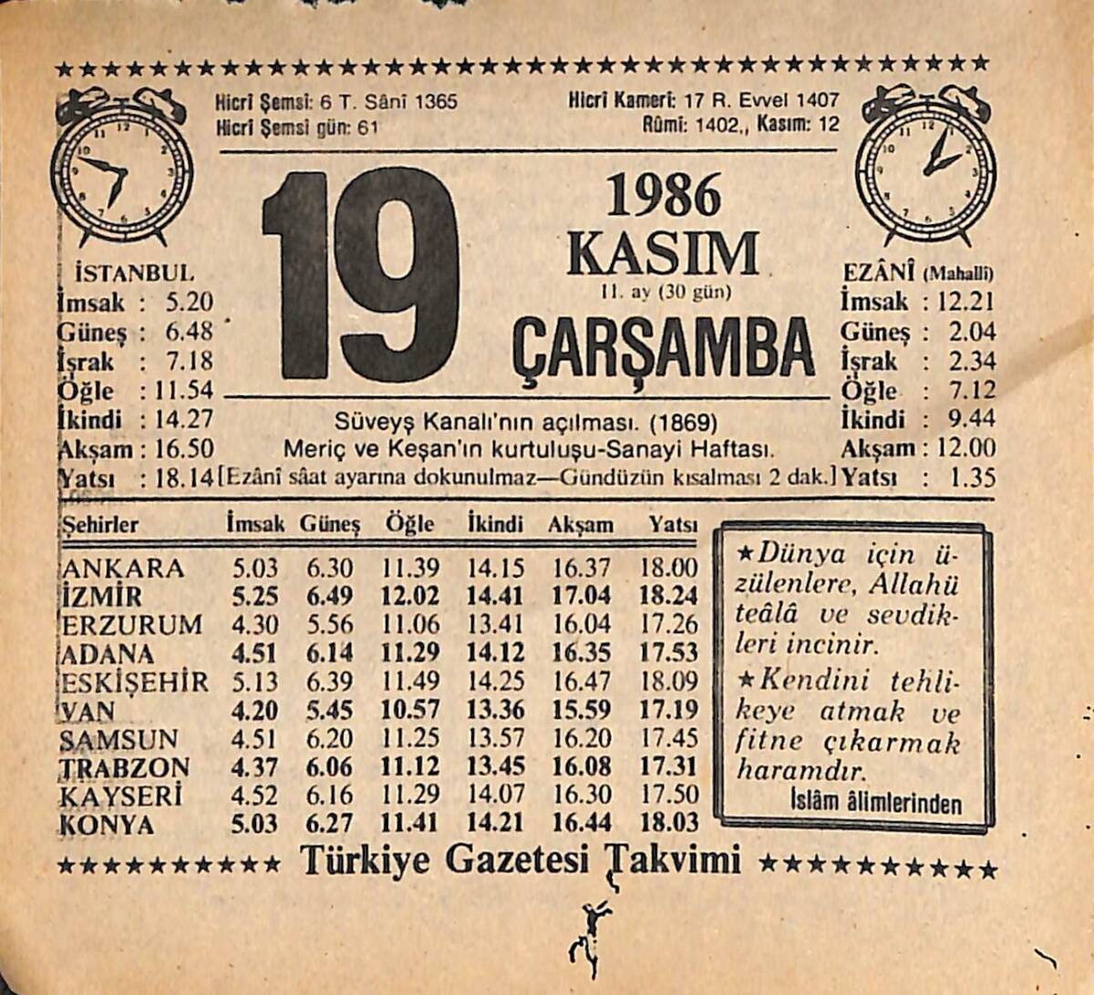 19 Kasım 1986 Takvim Yaprağı - Doğum Günü Hediyesi EFMN14883 - 1