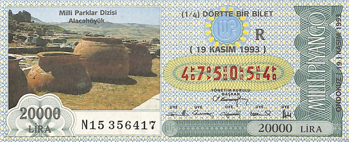 19 Kasım 1993 Piyango Bileti Dörtte Bir Bilet PYB6543 - 1