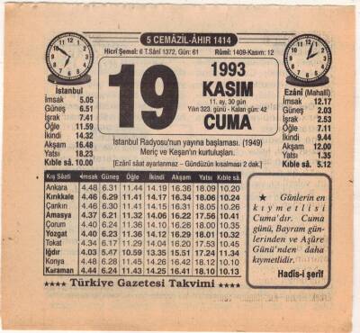19 Kasım 1993 Takvim Yaprağı EFM(N)3873 - 1