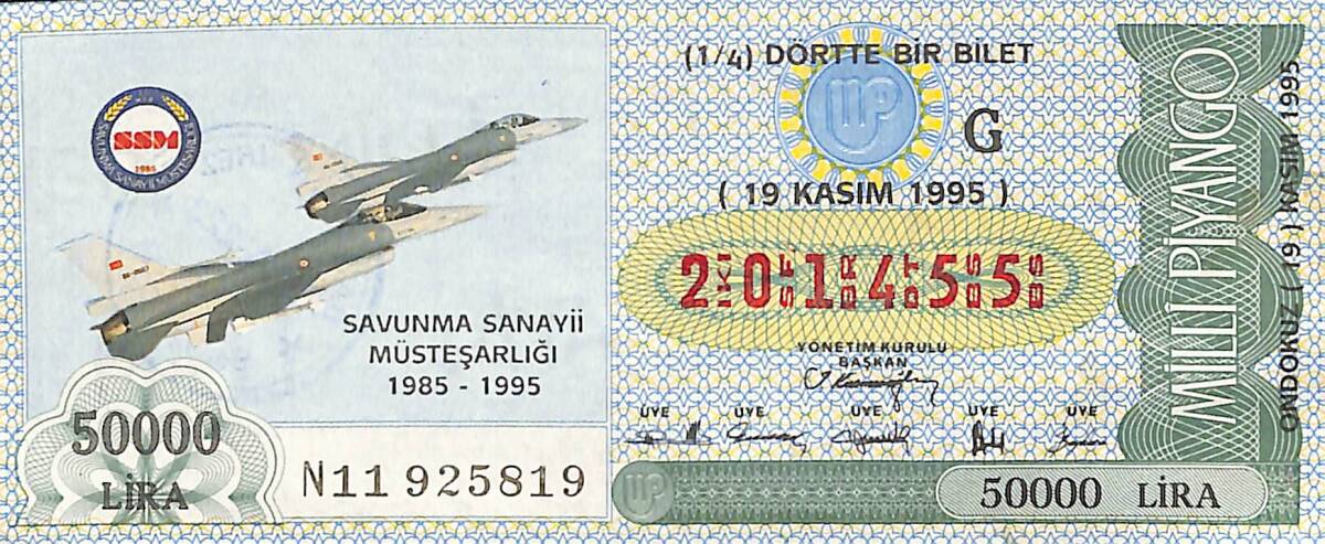 19 Kasım 1995 Piyango Bileti Dörtte Bir Bilet PYB6630 - 1