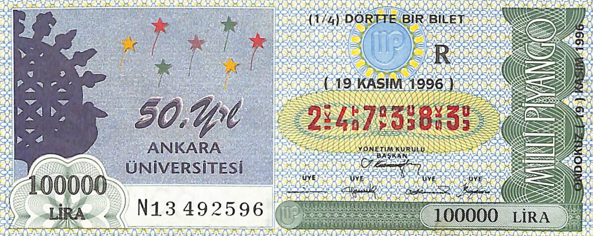 19 Kasım 1996 Piyango Bileti Dörtte Bir Bilet PYB6617 - 1