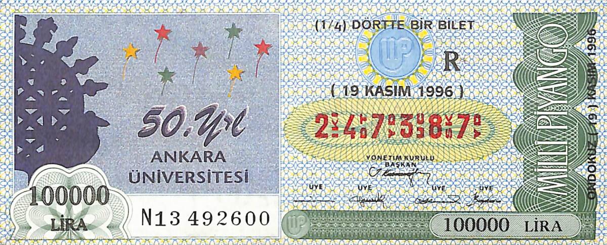 19 Kasım 1996 Piyango Bileti Dörtte Bir Bilet PYB6716 - 1