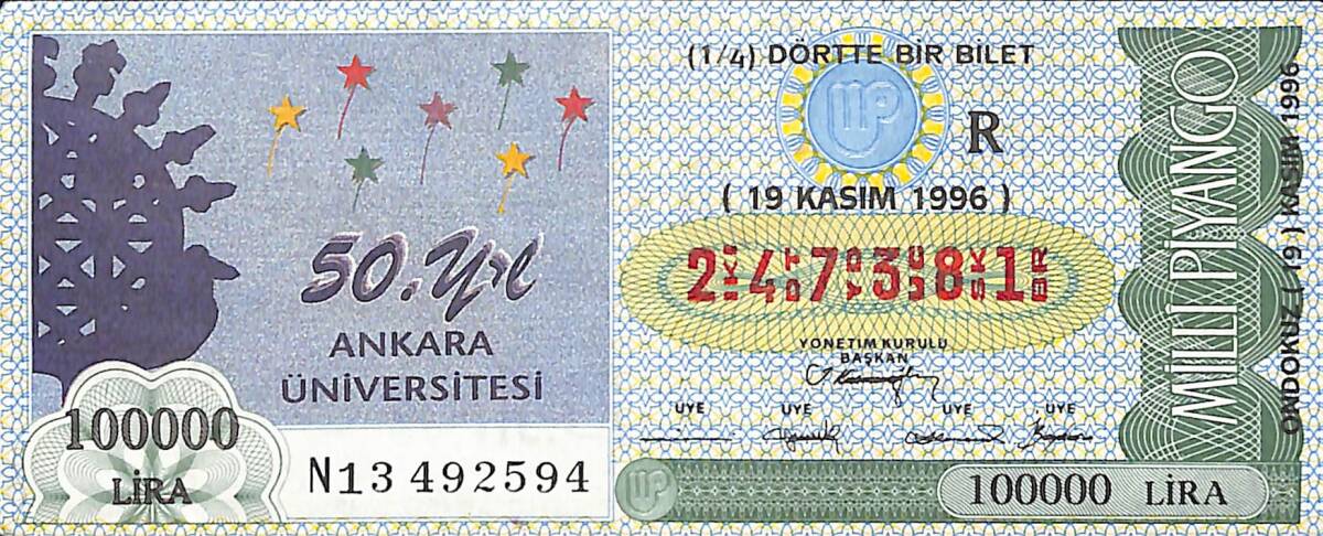 19 Kasım 1996 Piyango Bileti Dörtte Bir Bilet PYB6718 - 1
