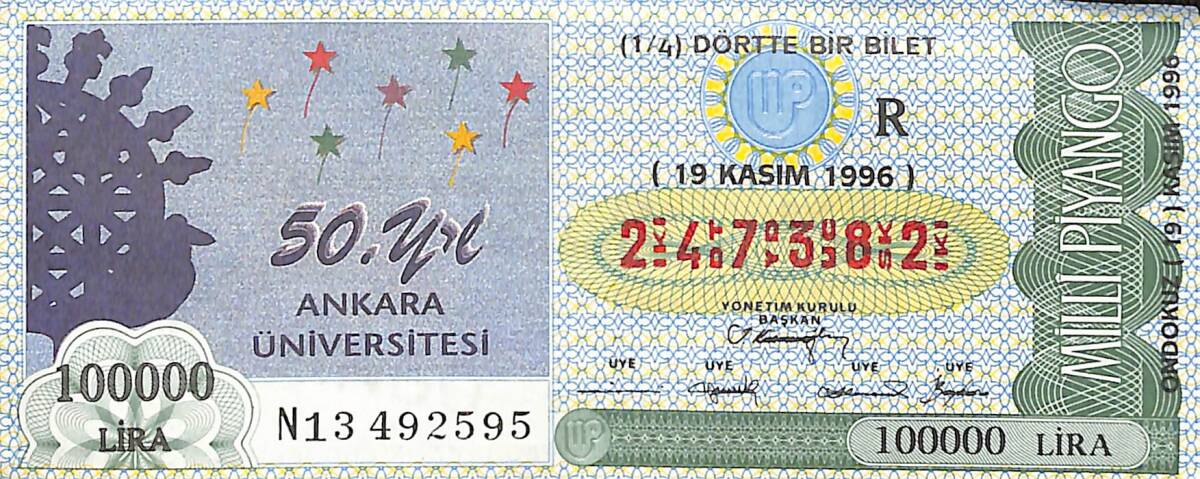 19 Kasım 1996 Piyango Bileti Dörtte Bir Bilet PYB6719 - 1