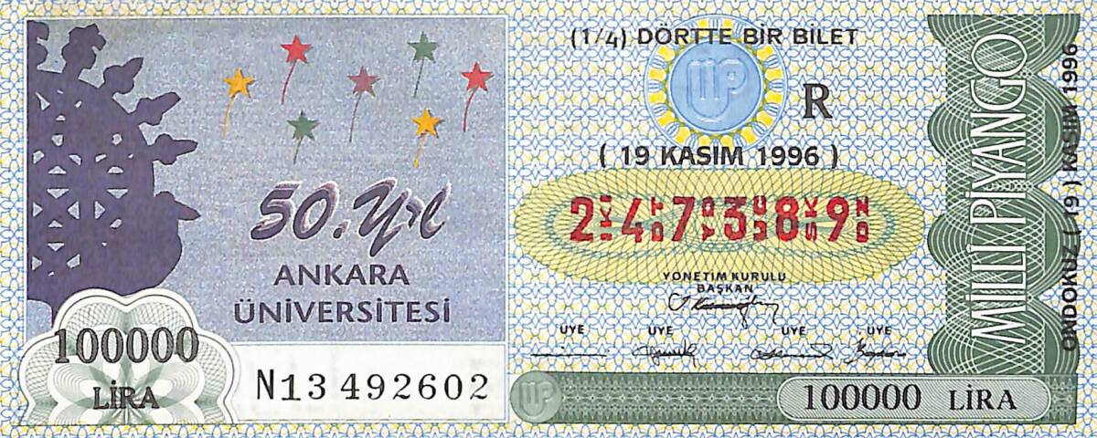 19 Kasım 1996 Piyango Bileti Dörtte Bir Bilet PYB6763 - 1