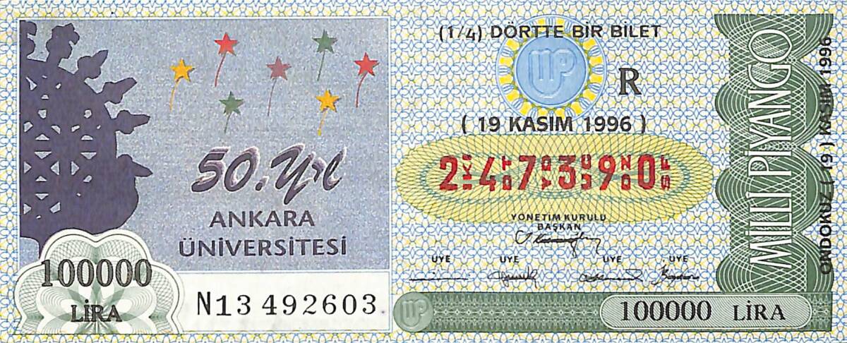 19 Kasım 1996 Piyango Bileti Dörtte Bir Bilet PYB6835 - 1
