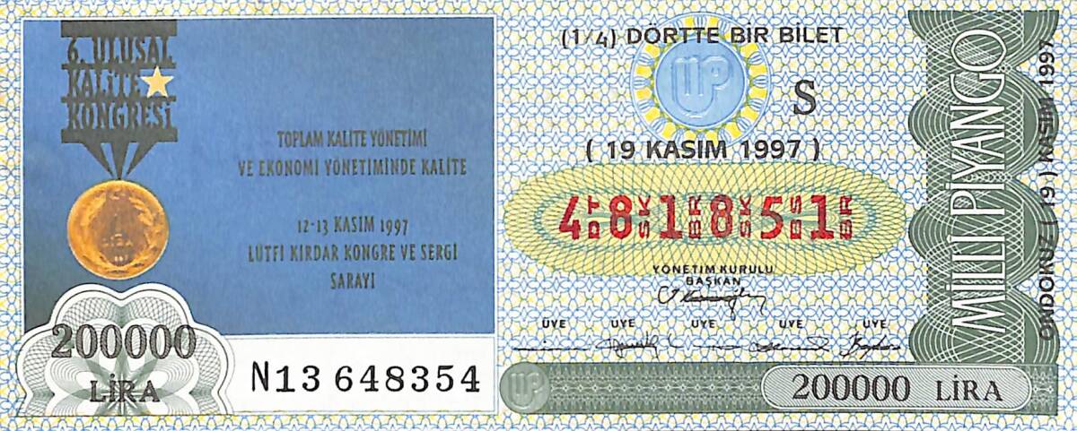 19 Kasım 1997 Piyango Bileti Dörtte Bir Bilet PYB6509 - 1