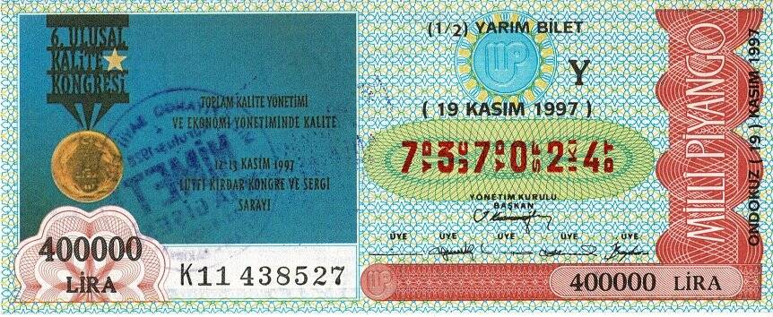 19 Kasım 1997 (Y) 6.Ulusal Kalite Kongresi (12) Yarım Bilet PYB5599 - 1