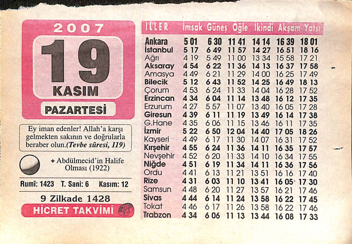 19 Kasım 2007 Takvim Yaprağı - Doğum Günü Hediyesi EFMN16002 - 1