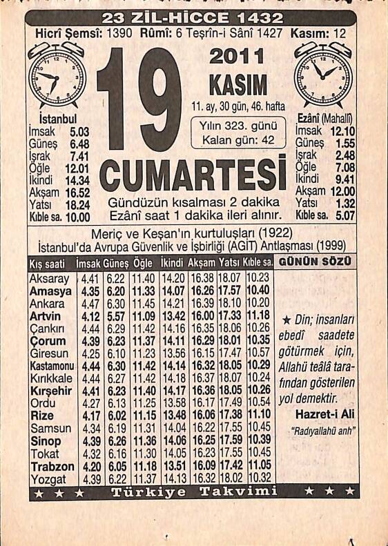 19 Kasım 2011 Takvim Yaprağı - Doğum Günü Hediyesi EFMN15270 - 1