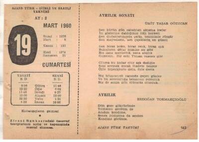 19 Mart 1960 Ajans Türk Takvim Yaprağı (Şiirli Saatli) EFM(N)1545 - 4