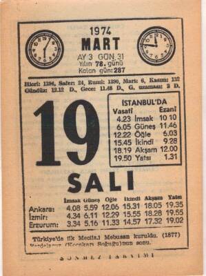 19 Mart 1974 Takvim Yaprağı EFM(N)5898 - 3