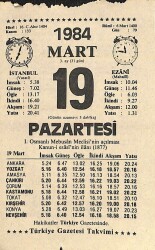 19 Mart 1984 Takvim Yaprağı - Doğum Günü Hediyesi EFM(N)11316 - Gökçekoleksiyon