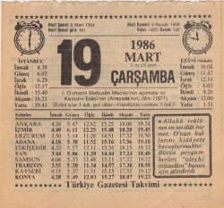 19 Mart 1986 Takvim Yaprağı EFM(N)5929 - 3