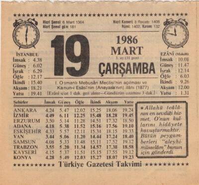 19 Mart 1986 Takvim Yaprağı EFM(N)5929 - 3