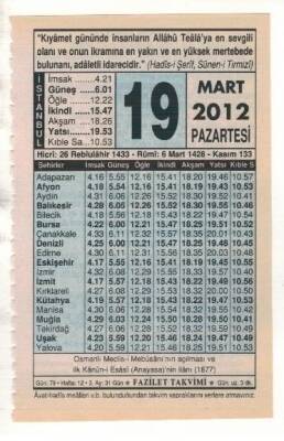19 Mart 2012 Takvim Yaprağı EFM(N)1889 - 1