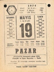 19 Mayıs 1974 Takvim Yaprağı - Doğum Günü Hediyesi EFM(N)12333 - Gökçekoleksiyon