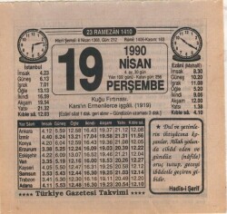 19 Nisan 1990 Takvim Yaprağı EFM(N)6172 - Gökçekoleksiyon