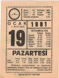 19 Ocak 1981 Takvim Yaprağı EFM(N)4665 - Gökçekoleksiyon