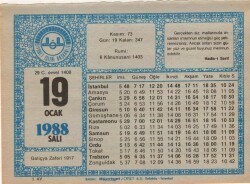 19 Ocak 1988 Takvim Yaprağı EFM(N)4913 - Gökçekoleksiyon