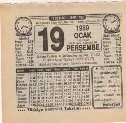 19 Ocak 1989 Takvim Yaprağı EFM(N)4727 - Gökçekoleksiyon