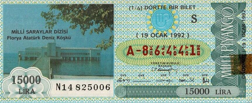 19 Ocak 1992 (S) Florya Atatürk Deniz Köşkü (14) Dörtte Bir Bilet PYB5513 - 1