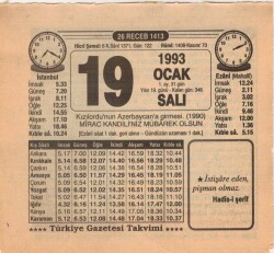 19 Ocak 1993 Takvim Yaprağı EFM(N)4851 - Gökçekoleksiyon