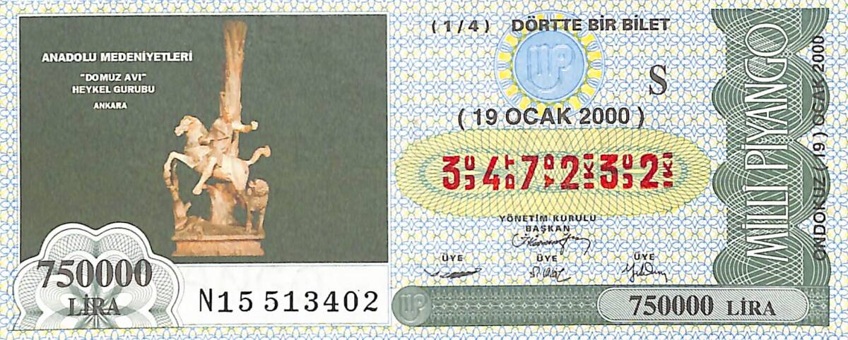 19 Ocak 2000 Piyango Bileti Dörtte Bir Bilet PYB6504 - 1