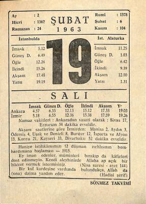 19 Şubat 1963 Takvim Yaprağı - Doğum Günü Hediyesi EFM(N)11288 - 1